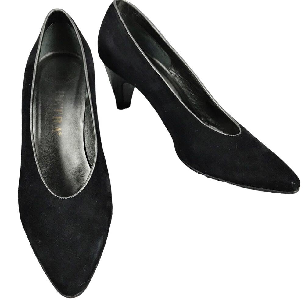 PETRA Black Pumps Suede Silver Leather Trim Cone Heels Almond Toe Italy 7.5 EUC